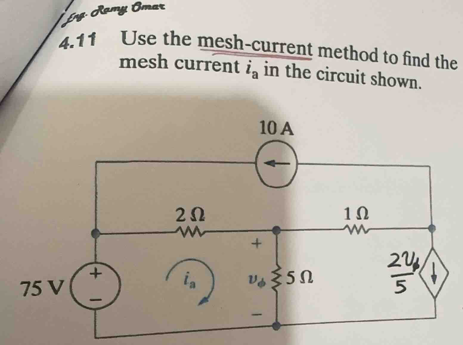 4.11 use the mesh-current method to find the mesh current $i_a$ in the circuit shown.