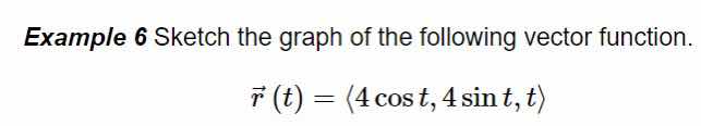 example 6 sketch the graph of the following vector function.\n$$\\vec{r}(t) = \\langle 4 \\cos t, 4 \\sin t, t \\rangle$$