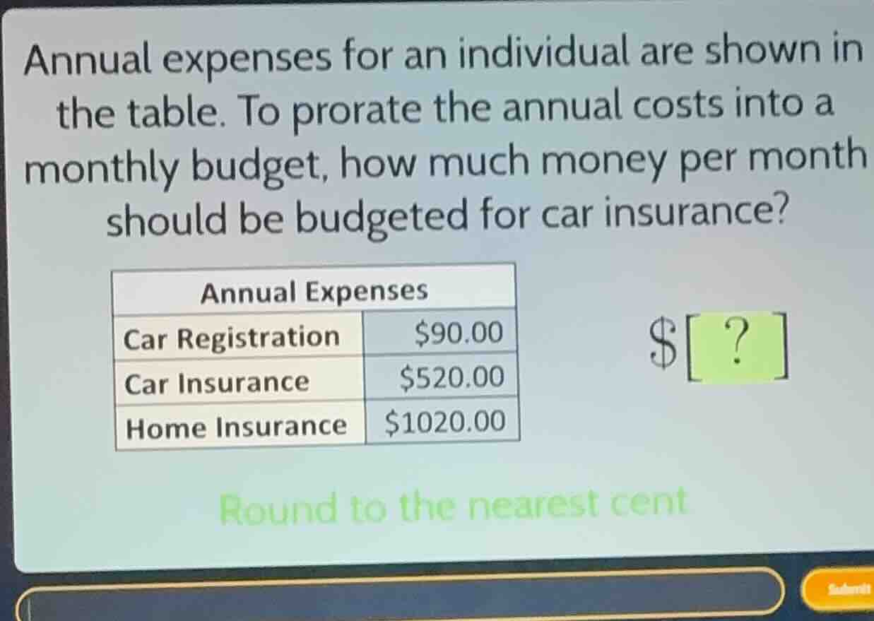 annual expenses for an individual are shown in the table. to prorate the annual costs into a monthly budget, how much money per month should be budgeted for car insurance?\n\nannual expenses\ncar registration: $90.00\ncar insurance: $520.00\nhome insurance: $1020.00\n\nround to the nearest cent