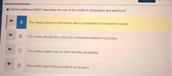which statement best describes the role of the media in campaigns and elections?\n\na the media presents information about candidates and important issues.\nb the media decides the outcome of elections based on poll data.\nc the media creates ads for their favorite candidates.\nd the media helps finance political campaigns.