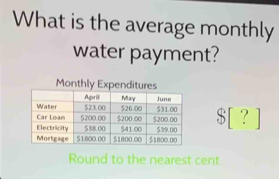 what is the average monthly water payment?\nmonthly expenditures\n| | april | may | june |\n| :--- | :--- | :--- | :--- |\n| water | $23.00 | $26.00 | $31.00 |\n| car loan | $200.00 | $200.00 | $200.00 |\n| electricity | $38.00 | $41.00 | $39.00 |\n| mortgage | $1800.00 | $1800.00 | $1800.00 |\n$ ? \nround to the nearest cent