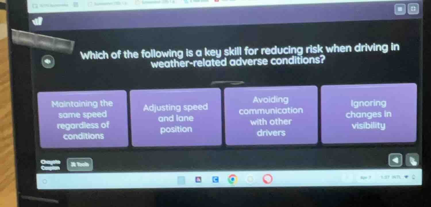 which of the following is a key skill for reducing risk when driving in weather-related adverse conditions?\n\nmaintaining the same speed regardless of conditions\nadjusting speed and lane position\navoiding communication with other drivers\nignoring changes in visibility
