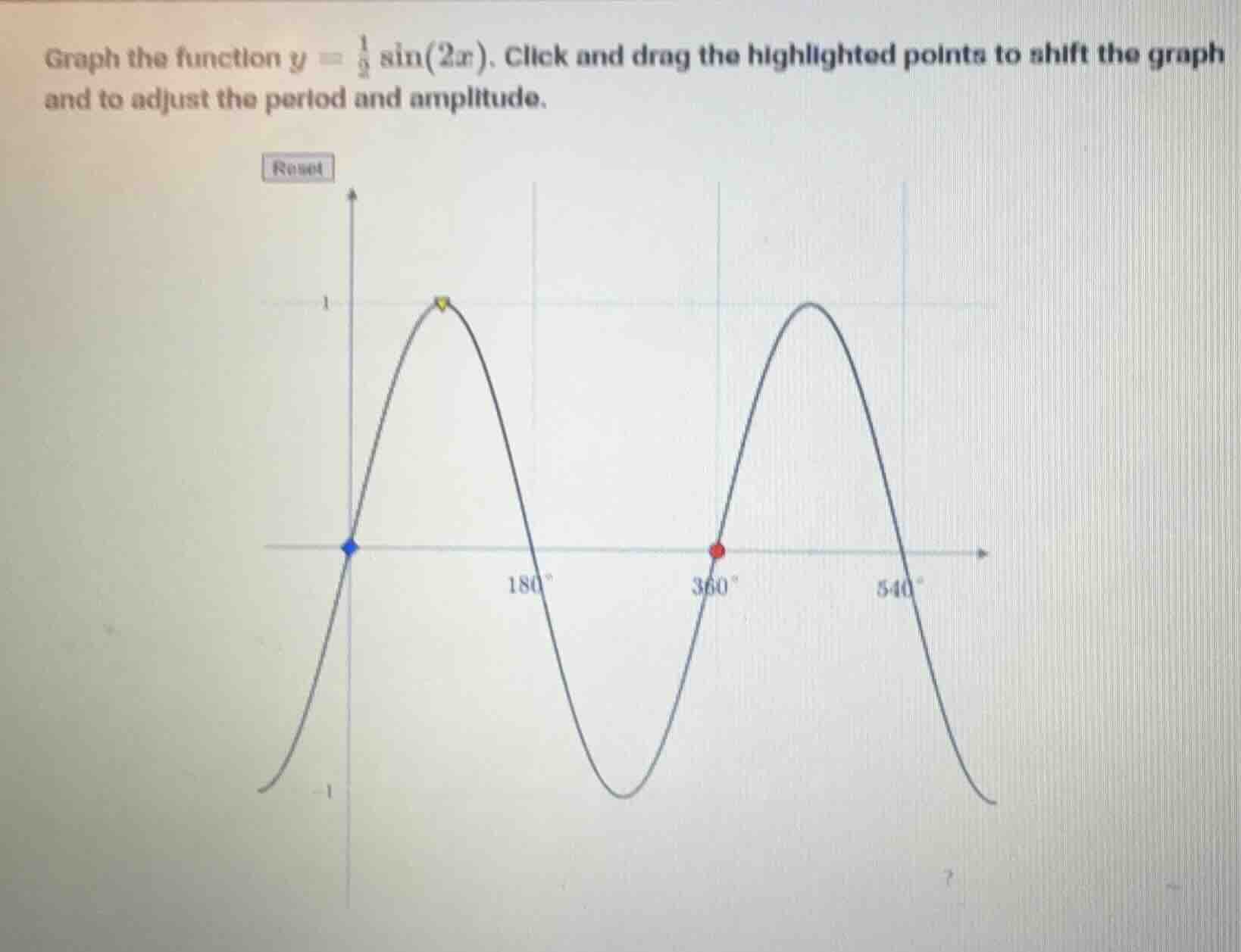 graph the function $y = \\frac{1}{2} \\sin(2x)$. click and drag the highlighted points to shift the graph and to adjust the period and amplitude.