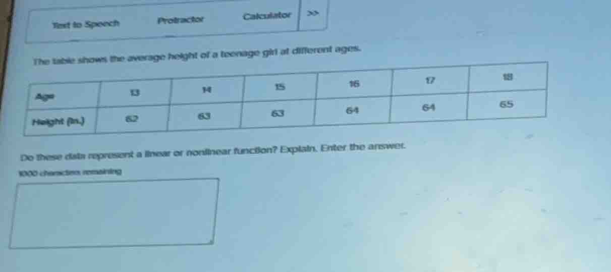 the table shows the average height of a teenage girl at different ages.\n\n| age | 13 | 14 | 15 | 16 | 17 | 18 |\n| :--- | :--- | :--- | :--- | :--- | :--- | :--- |\n| height (in.) | 62 | 63 | 63 | 64 | 64 | 65 |\n\ndo these data represent a linear or nonlinear function? explain. enter the answer.