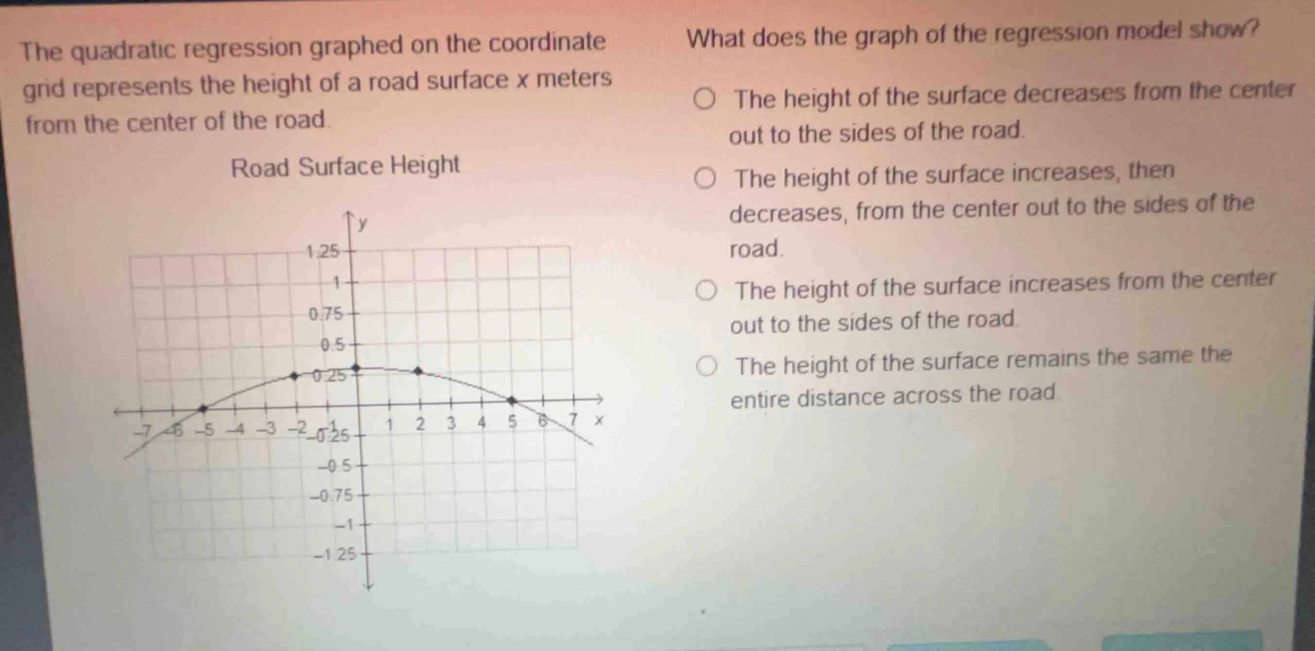 the quadratic regression graphed on the coordinate grid represents the …